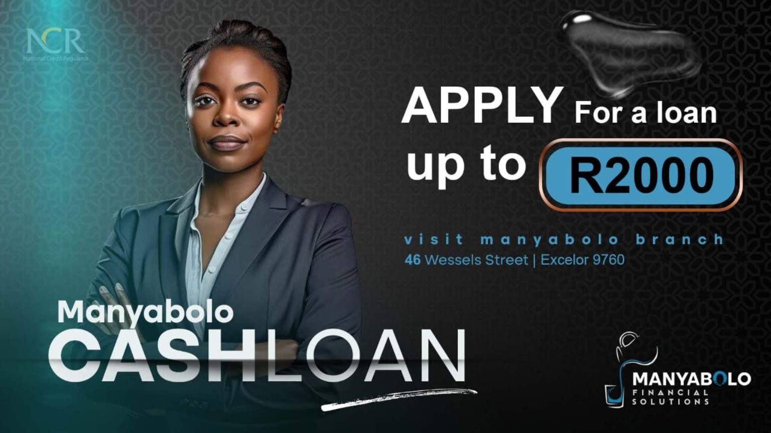 Manyabolo cash loan advertisement offering loans up to R2,000 at the Excelsior branch